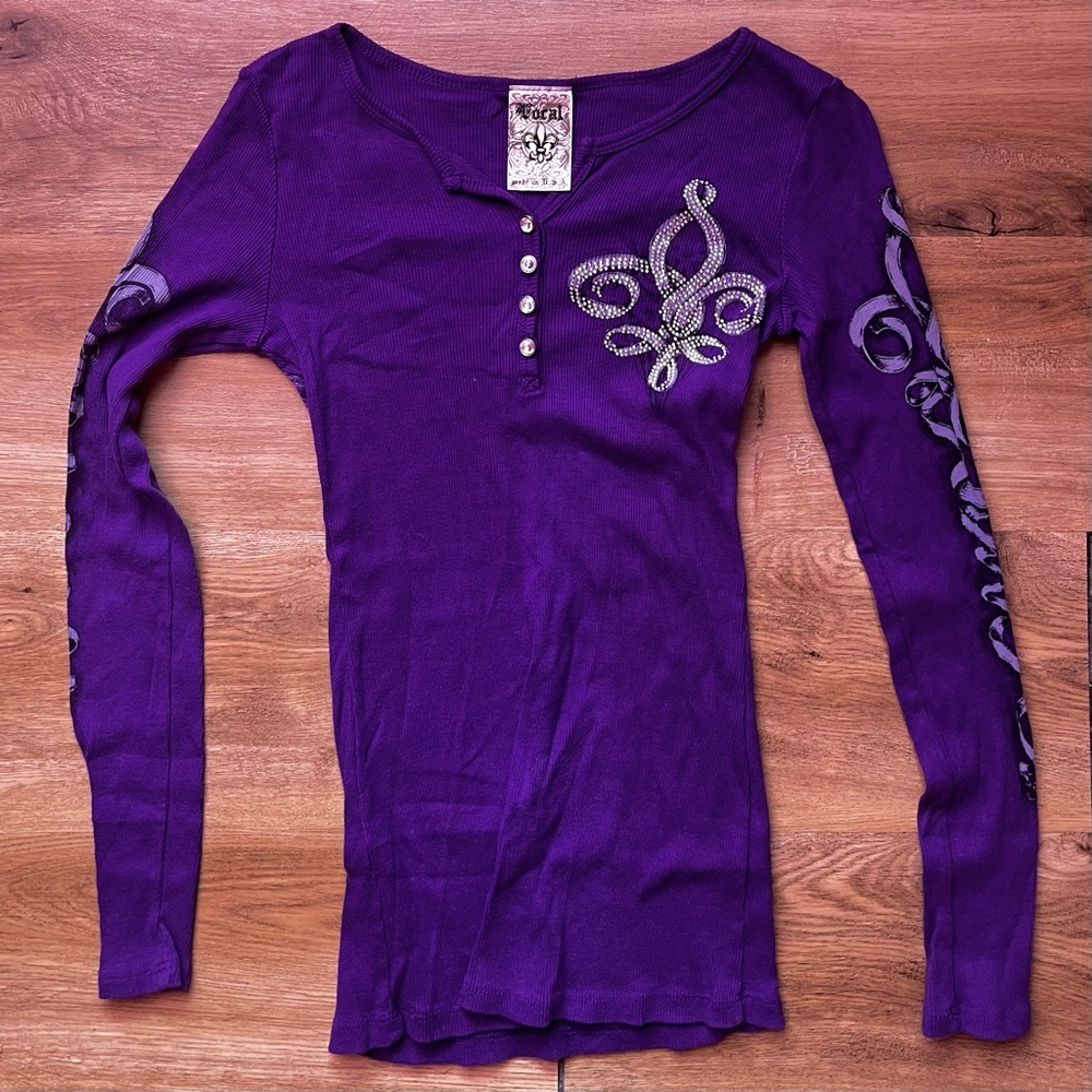 y2k purple bedazzled long-sleeve shirt